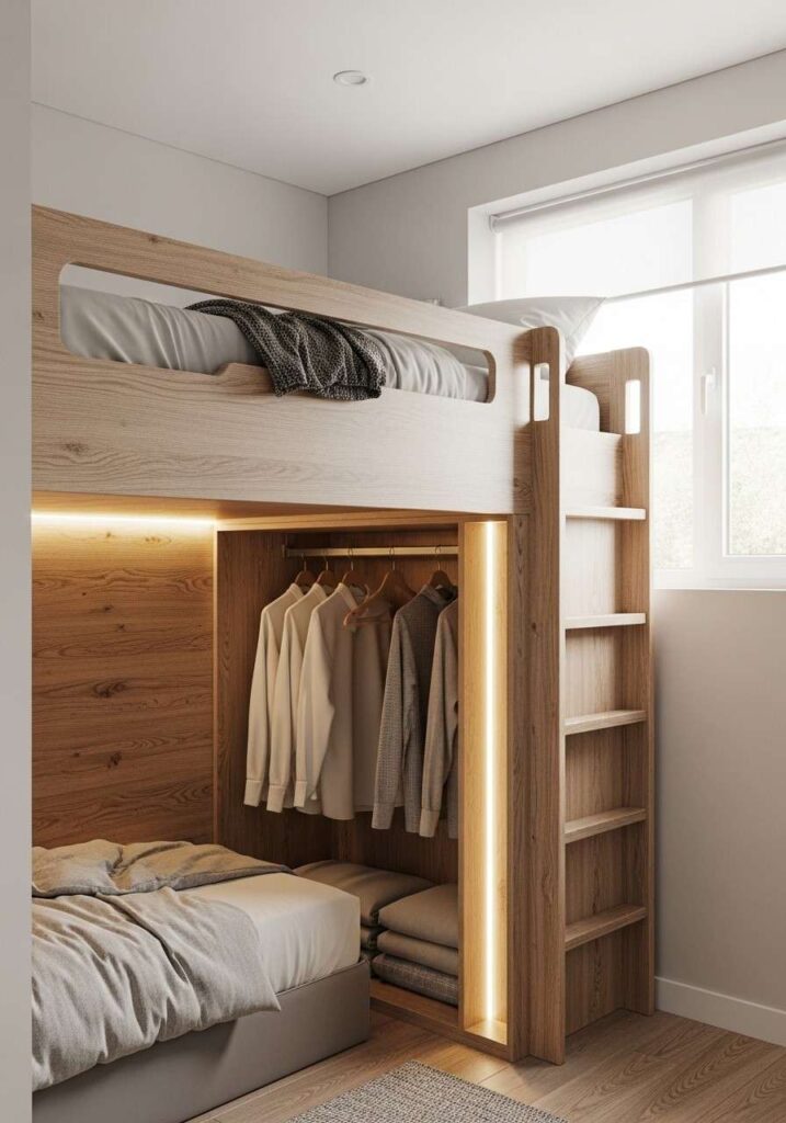 Loft bed with a built-in closet underneath, maximizing storage in a small bedroom.