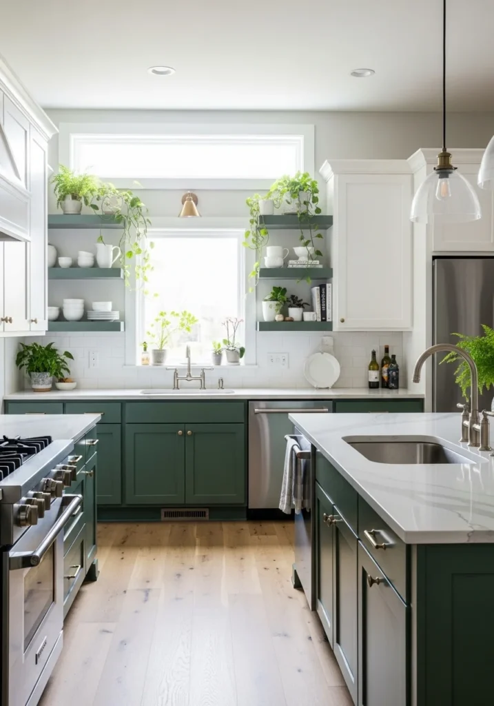 Two-tone kitchen with green lower cabinets and white upper cabinets, bright and balanced.
