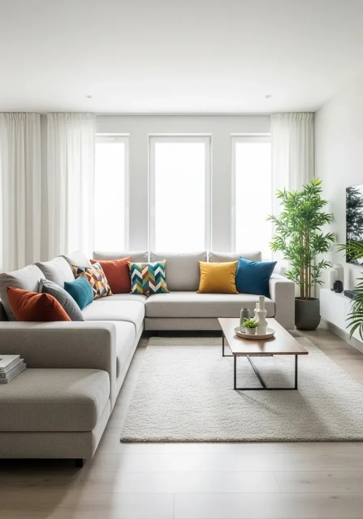 Living room featuring a neutral sectional sofa with layered throw pillows, cozy and stylish seating area.