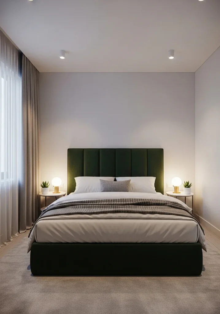 dark green headboard bedroom subtle modern decor idea