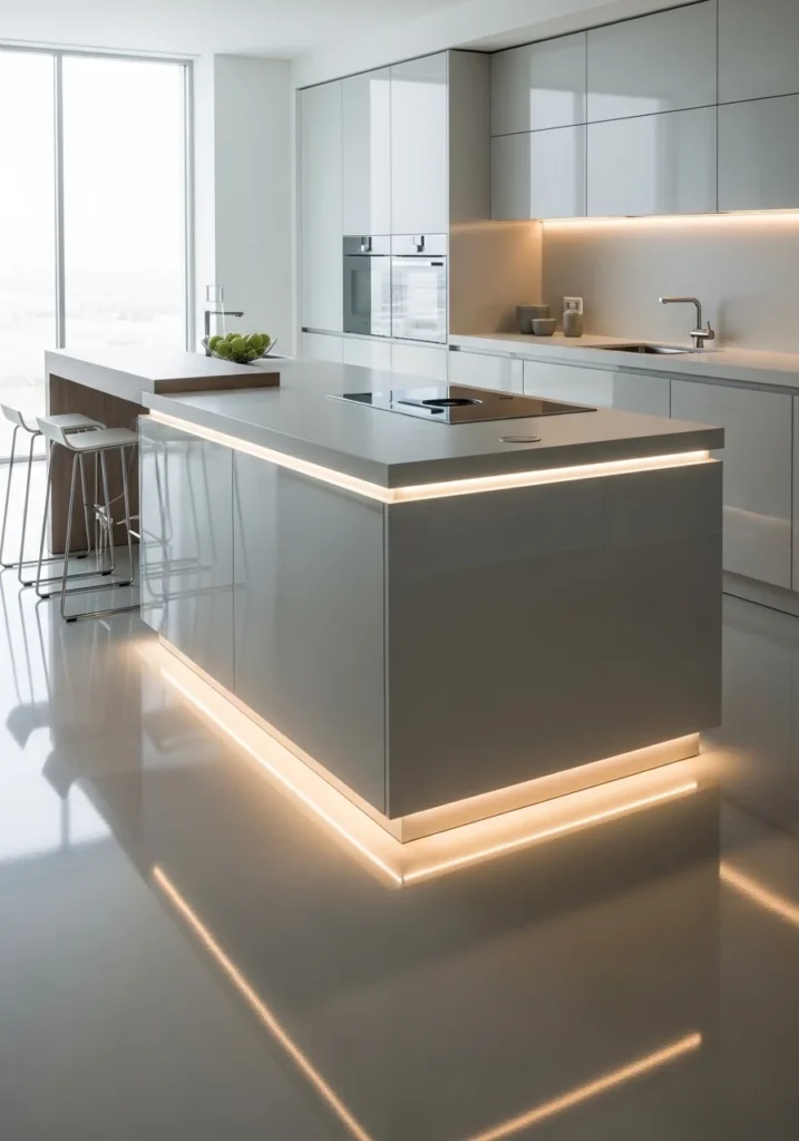 LED strip lighting under the kitchen island edge for a subtle modern glow.