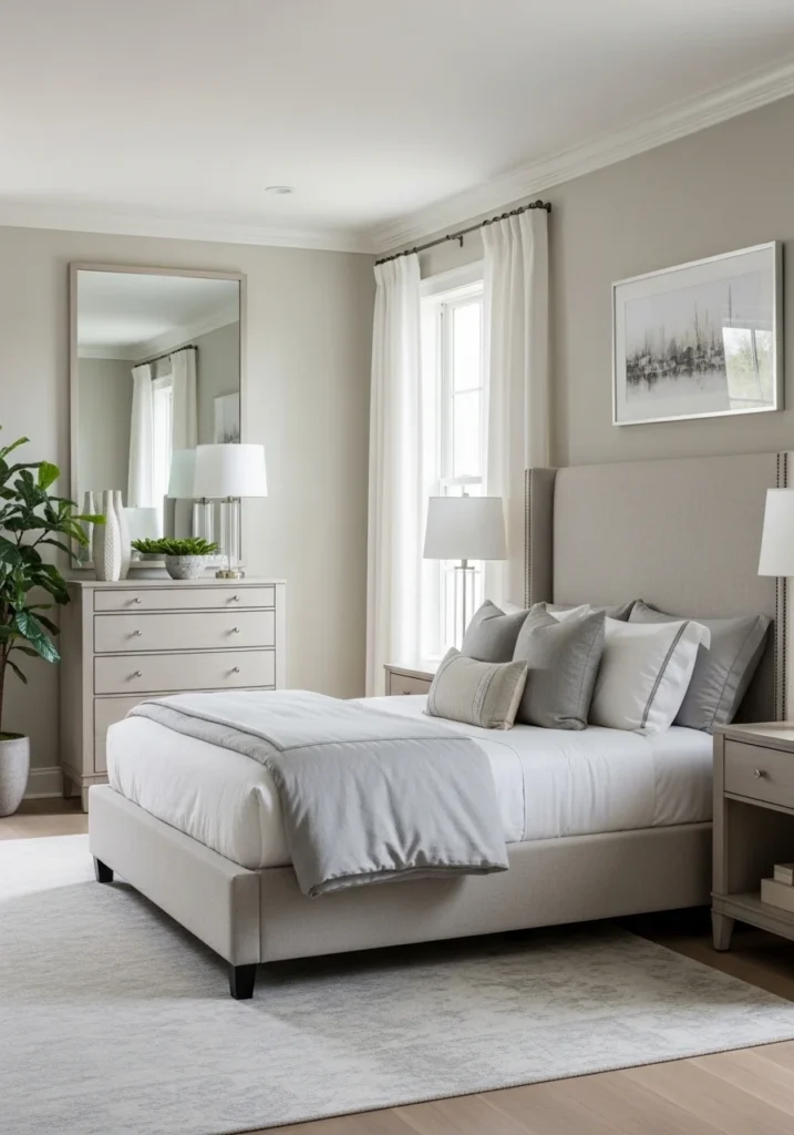 Full guest bedroom matching decor balanced harmonious calm elegant interior