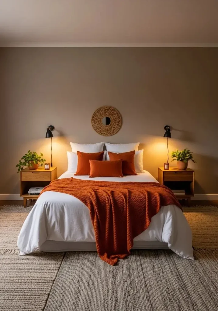 Warm bedroom with burnt orange accents, earthy neutral walls, wooden furniture, and indoor plants.
