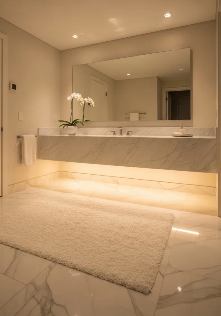 Plush white bathroom rug creating a luxury spa-like feel