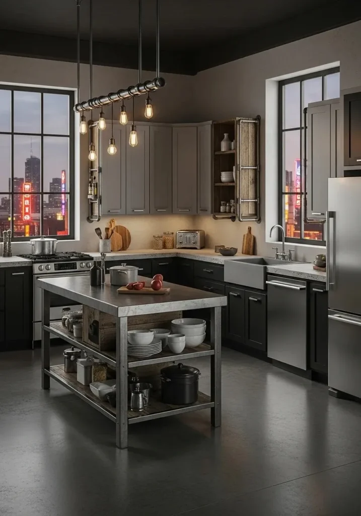 Industrial L-shaped kitchen with metal island and urban design elements.