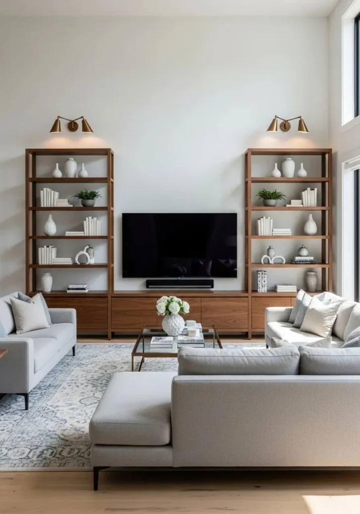 Symmetrical TV wall with matching decor on both sides.
