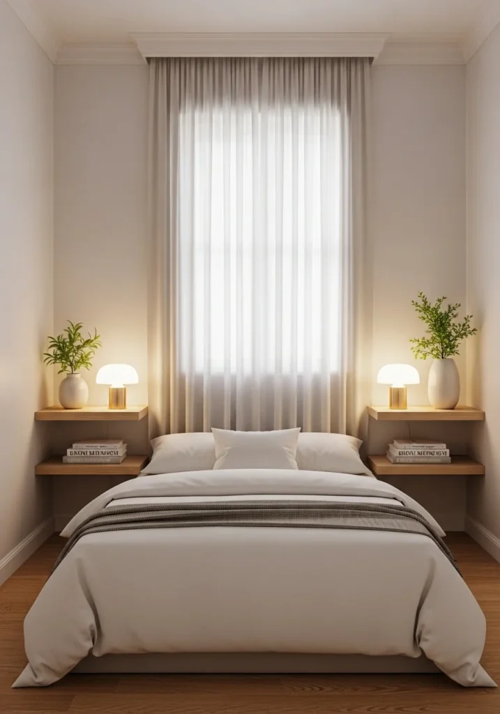 floating nightstand shelves beside bed in small bedroom