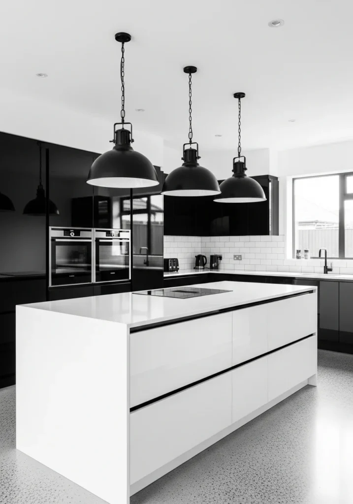 black and white countertops kitchen with statement lighting