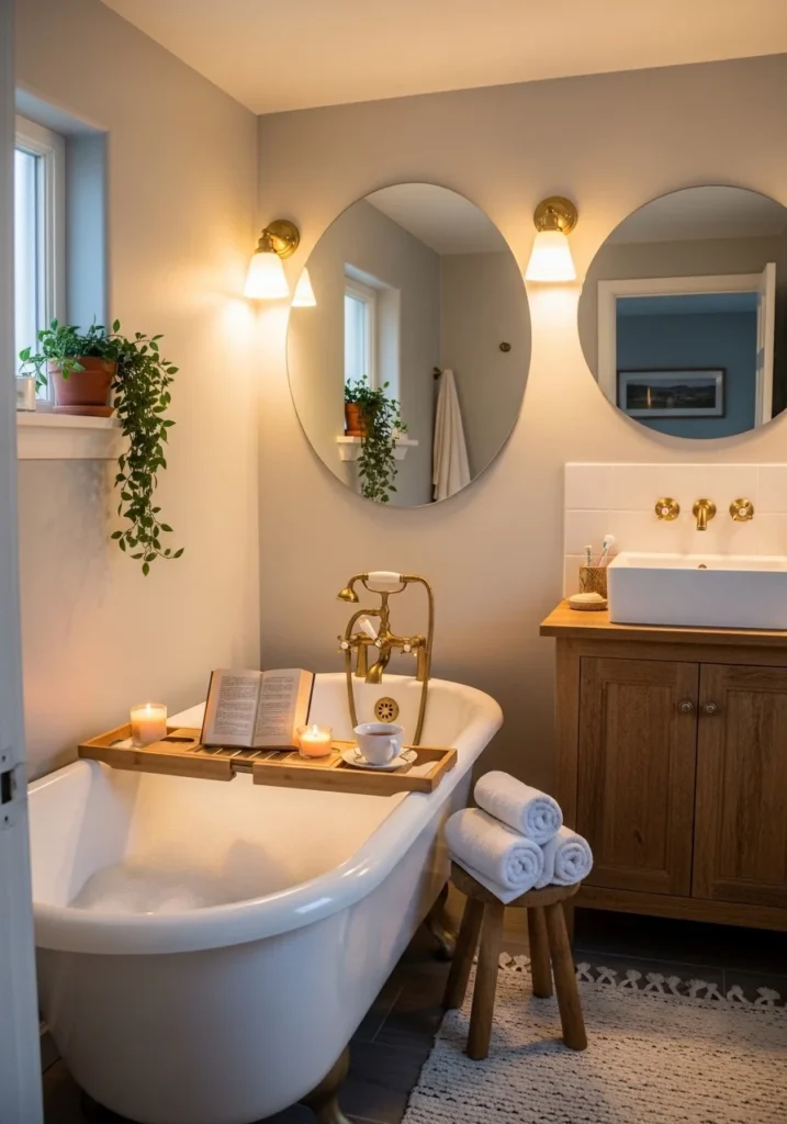 Small bathroom with tub and warm lighting creating a cozy atmosphere