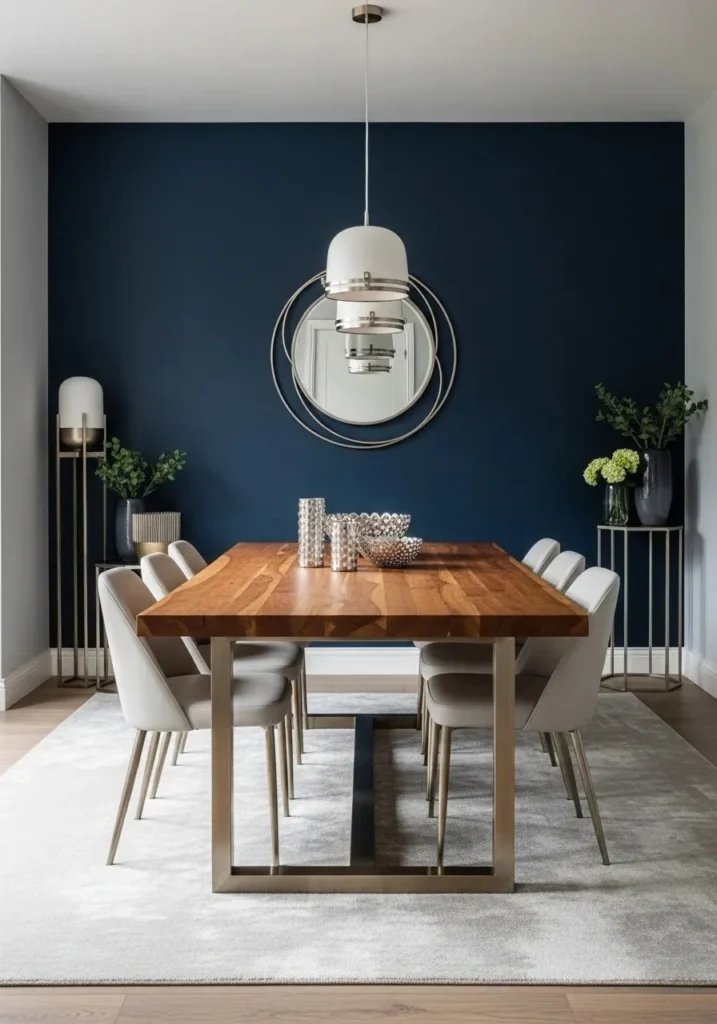 Navy blue accent wall dining room with wooden table and metallic décor.