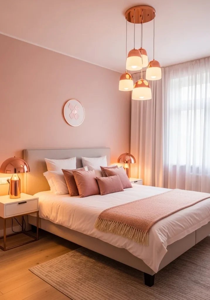 Warm rose gold lighting in a pink-themed bedroom creating cozy ambiance
