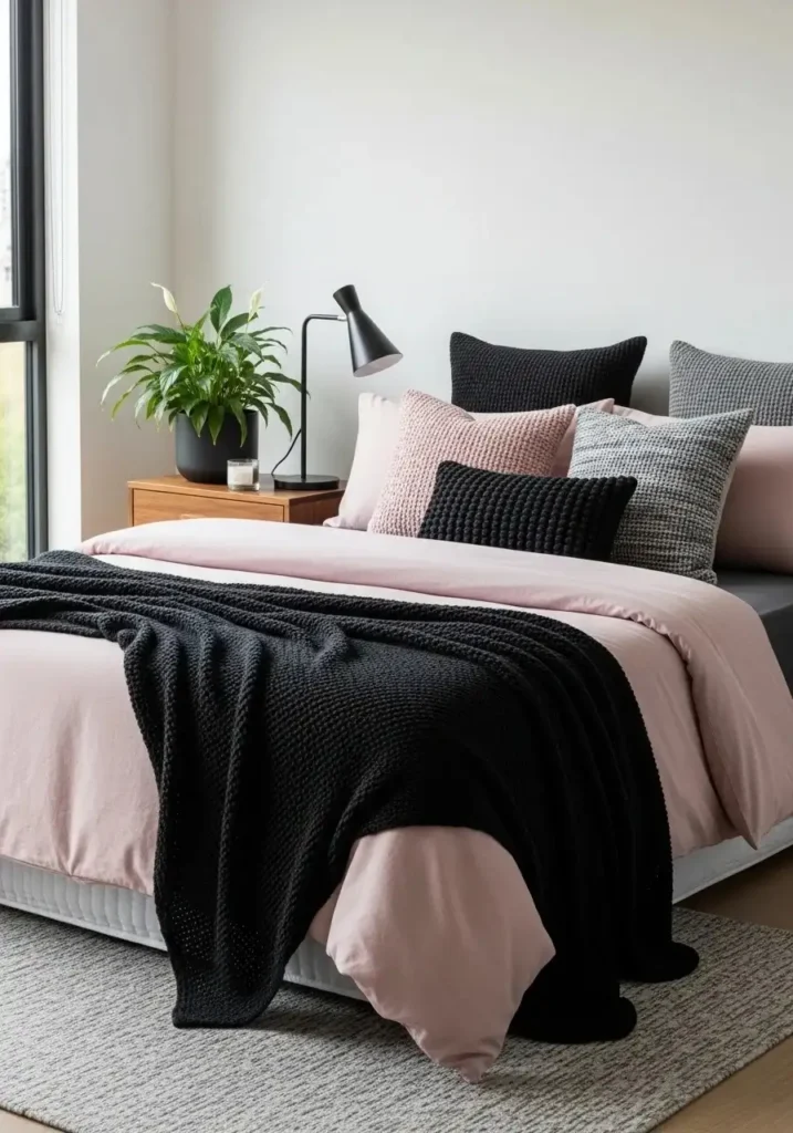 pink bedding layered with black throw blankets and pillows