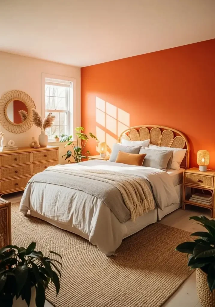 Bedroom with a bold tangerine accent wall, neutral bedding, and rattan furniture.