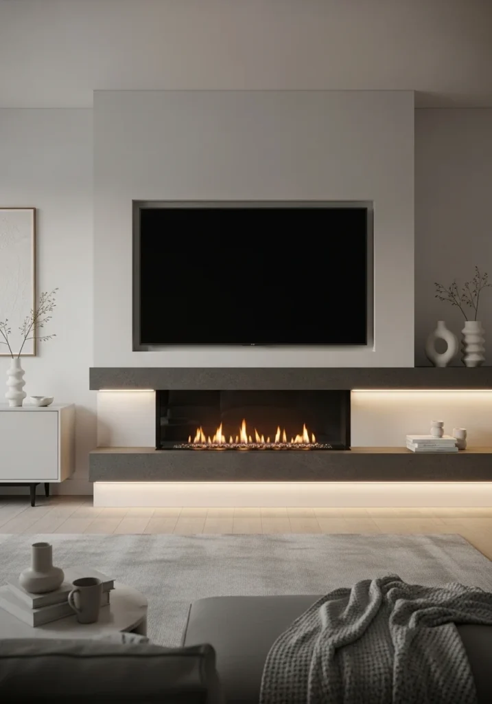 Living room fireplace with TV mounted above, minimal decor, and sleek modern design.
