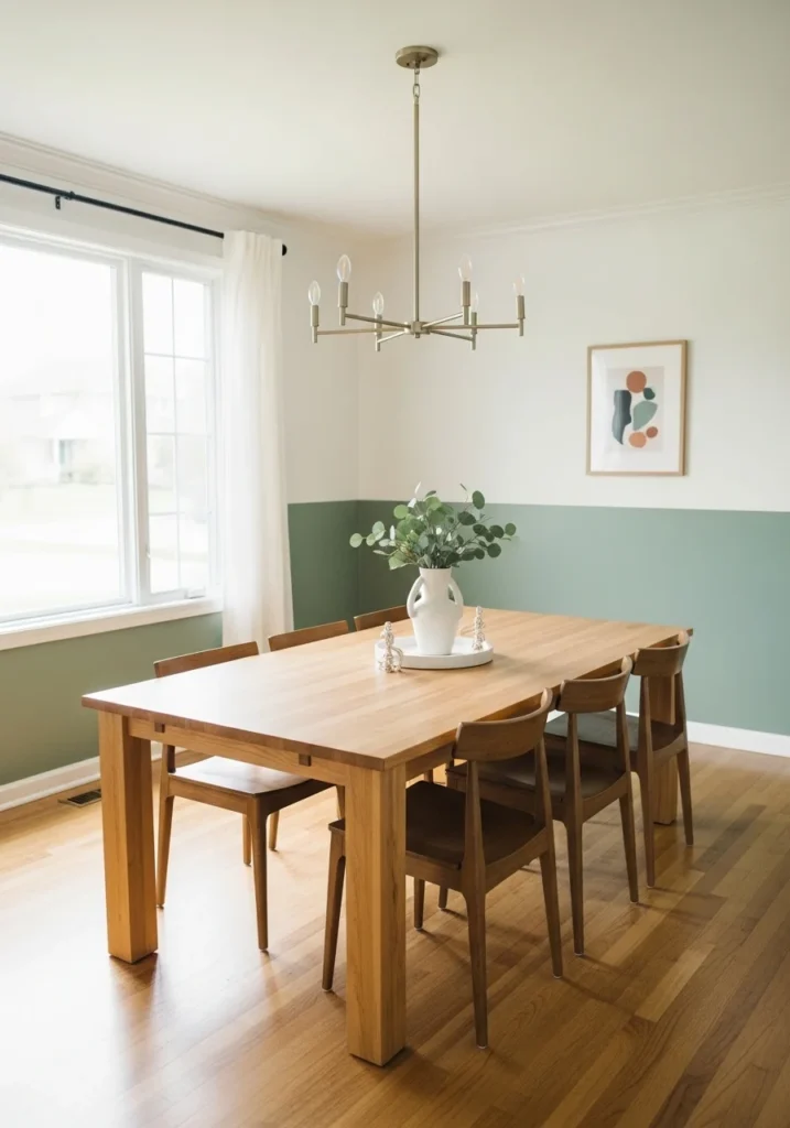 two tone green and white dining room wall design