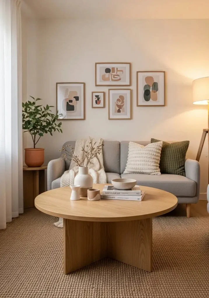 Apartment living room featuring round statement coffee table.
