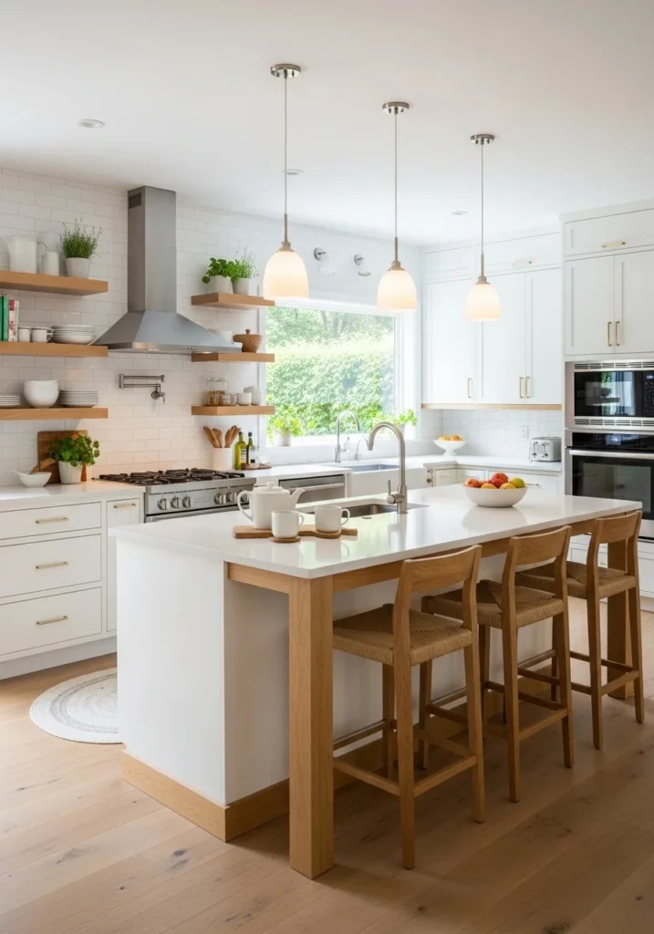 White kitchen with warm wood accents and wooden bar stools