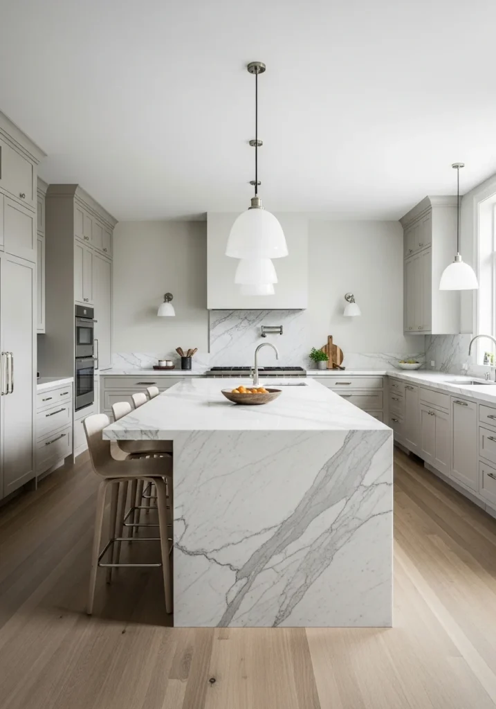 Long kitchen with central marble island and pendant lights, creating a functional and social hub