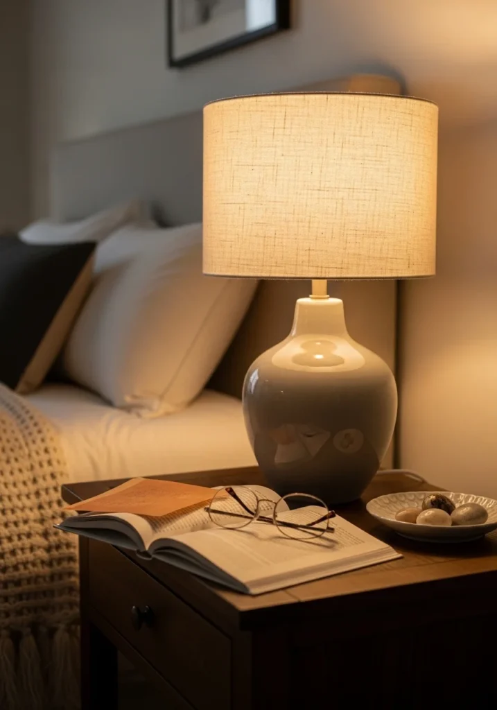 Elegant gray ceramic base lamp on bedroom nightstand