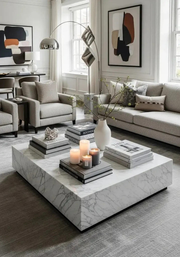 luxury living room with marble coffee table styling decor