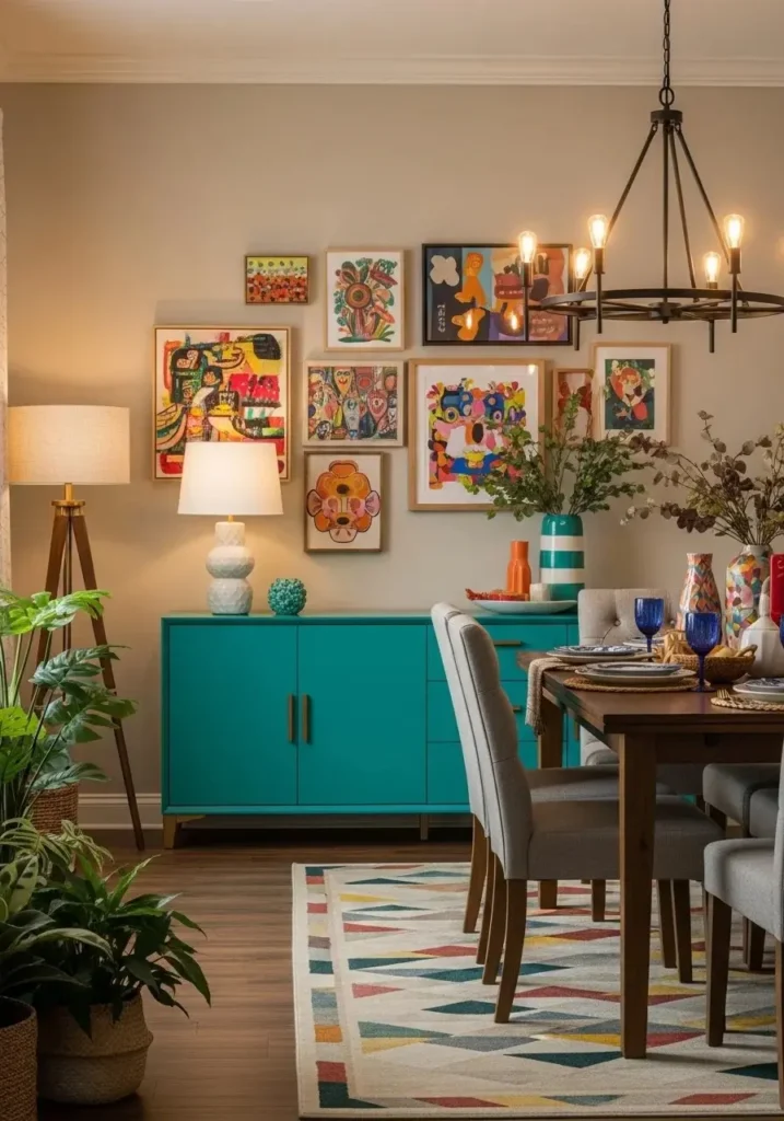 Dining room with a brightly painted sideboard or cabinets.