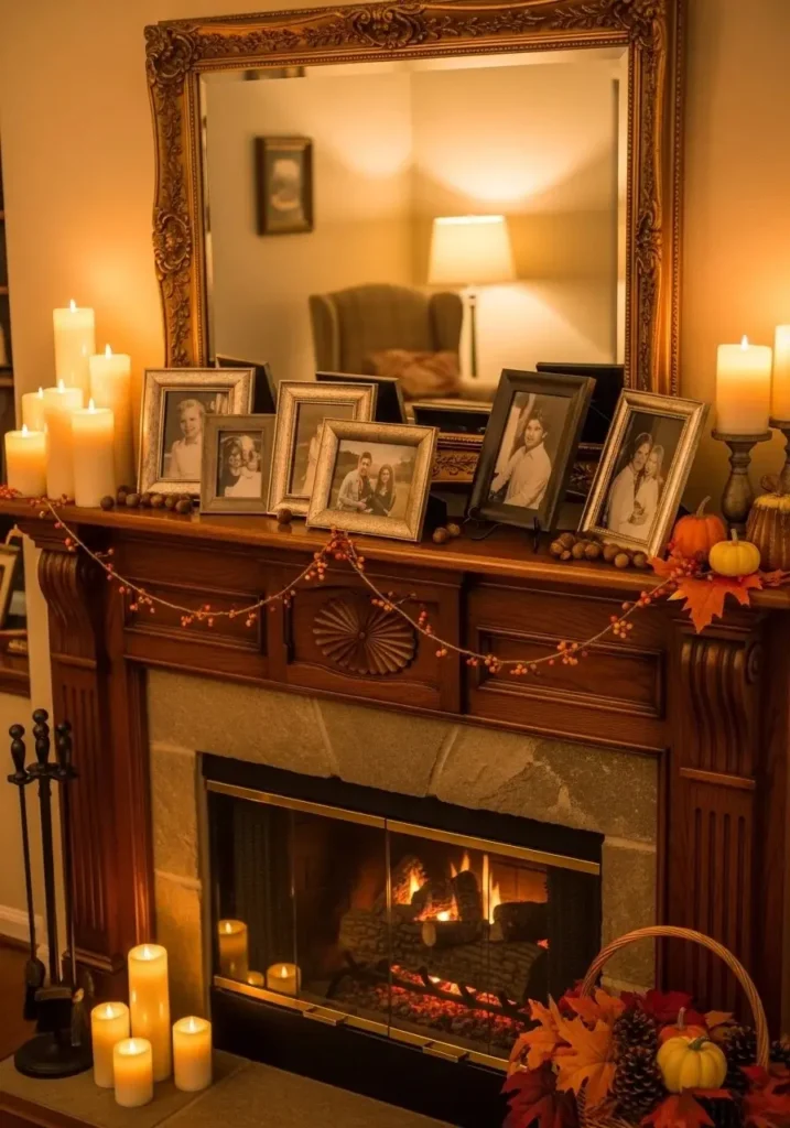 Traditional fireplace with a decorated mantel, candles, photos, and cozy ambient lighting.