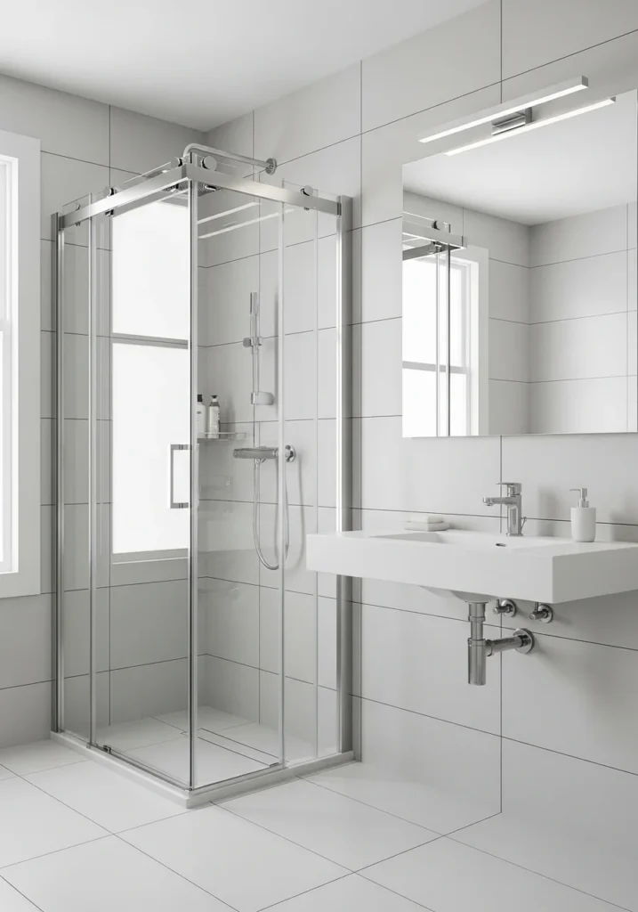 Frameless sliding shower door saving space in a small bathroom