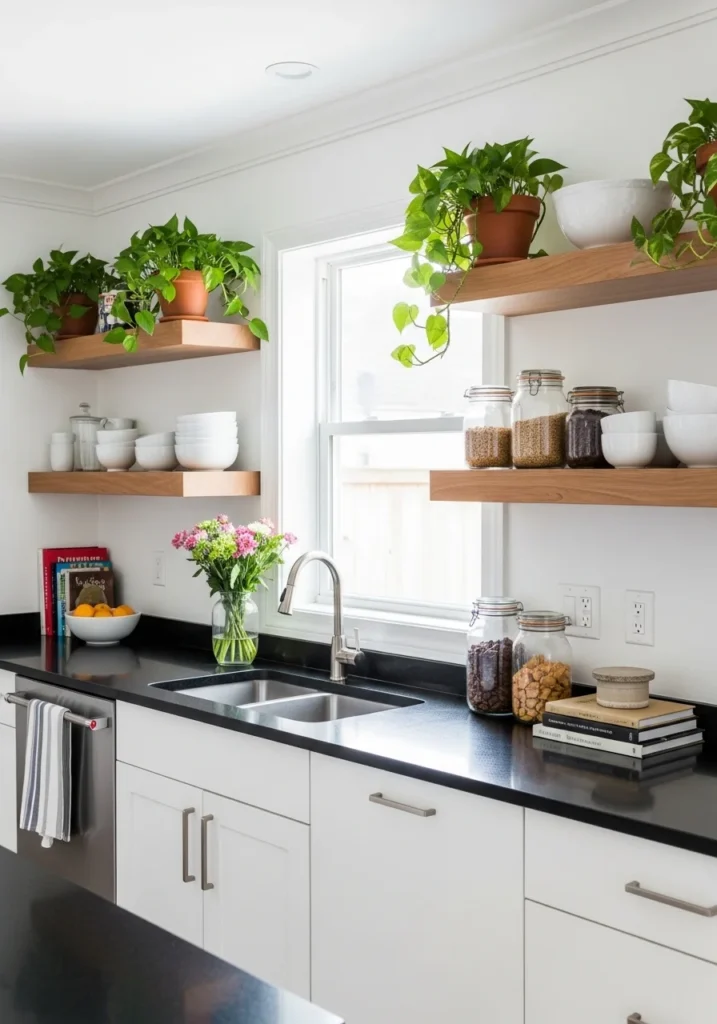 Black countertops with open wooden shelving in kitchen