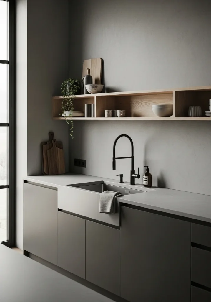 Minimalist concrete kitchen backsplash with modern industrial style