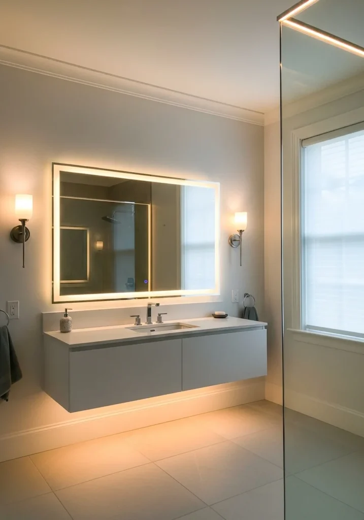 Well-lit small bathroom with layered lighting