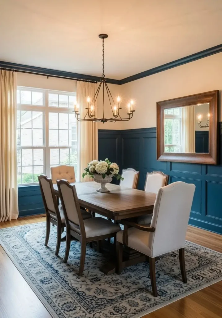 Dining room with blue wainscoting and cream walls, elegant table setup.