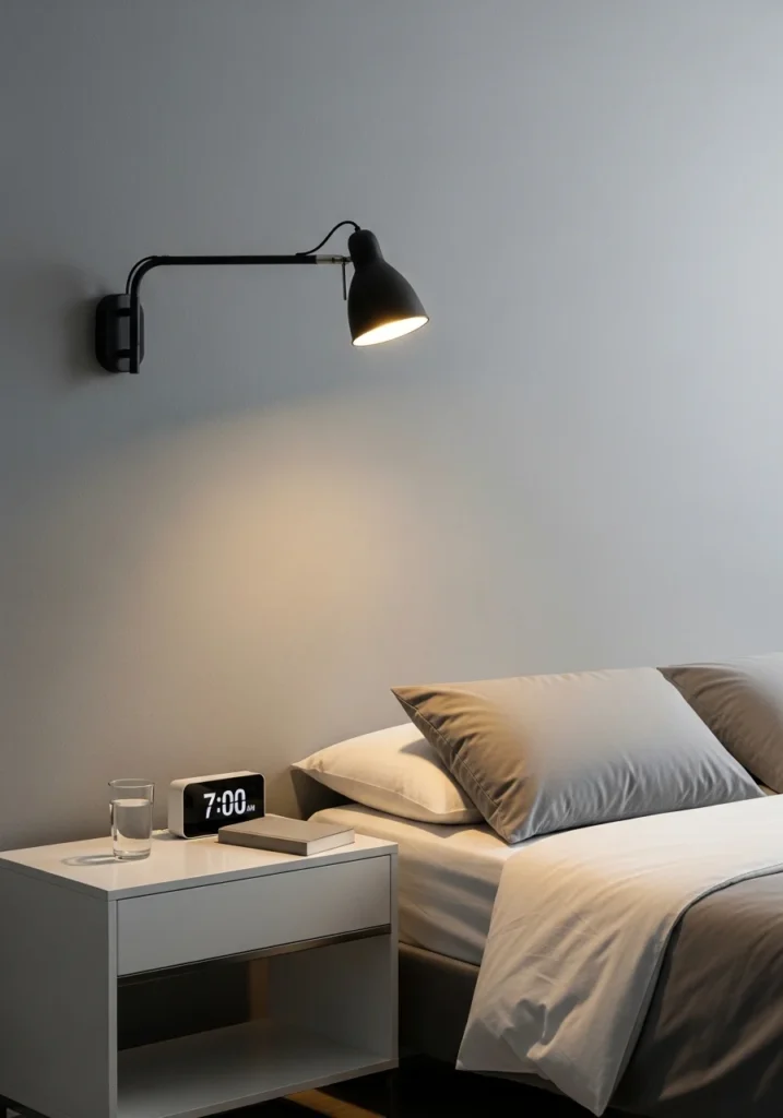 Black swing arm wall lamp beside bed for adjustable reading light