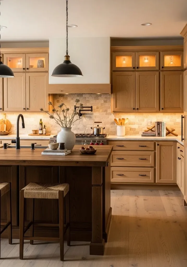 Small one wall kitchen with compact rolling island, light cabinets, open shelving, bright and airy apartment kitchen design, smart storage solutions