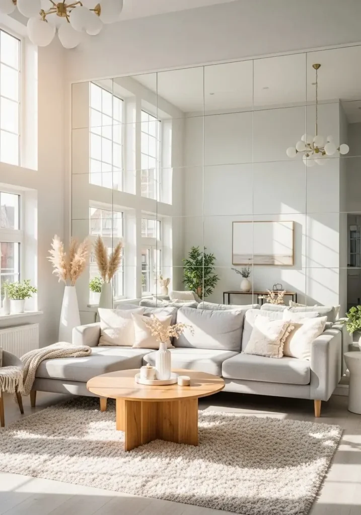 Mirror accent wall in living room reflecting light and making space feel bigger
