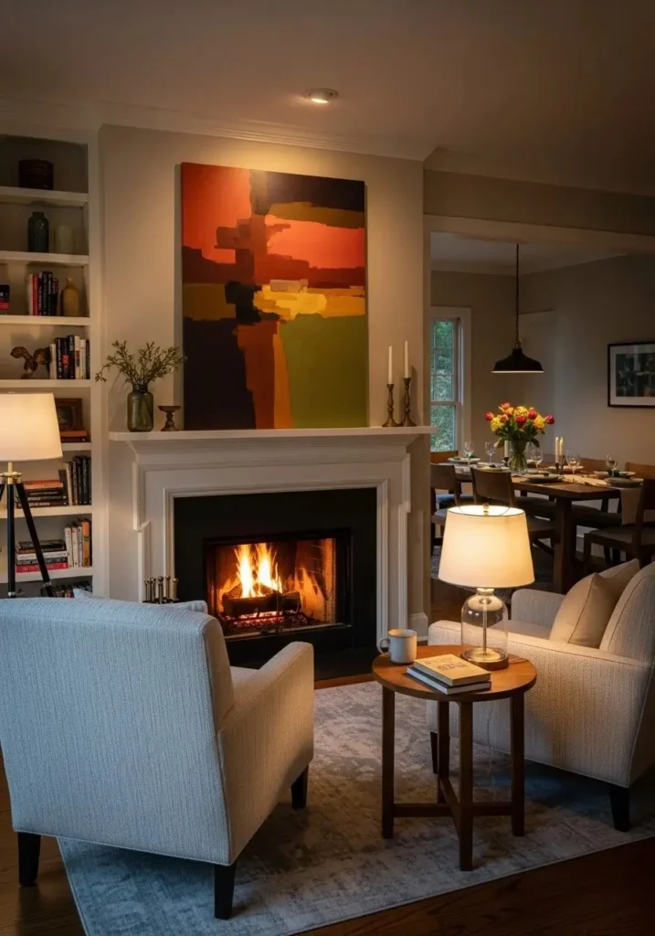 Living room focal point design in open living dining room layout