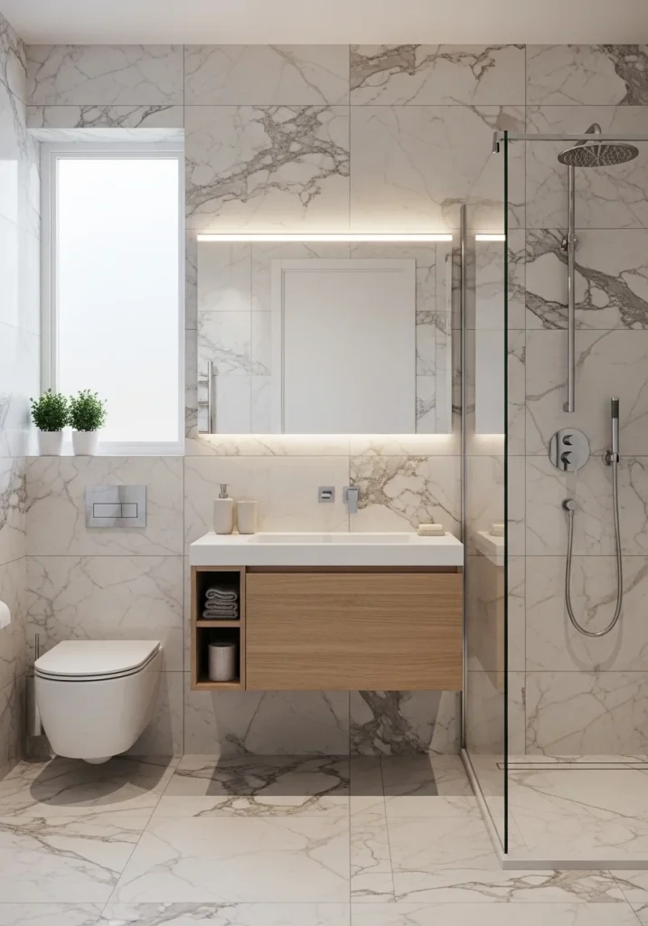 Large tiles used in a small bathroom to create a spacious look