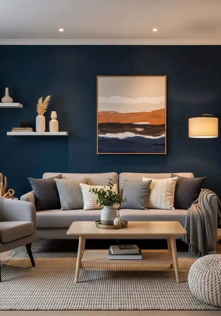 Bold navy painted accent wall in living room with neutral furniture and warm lighting