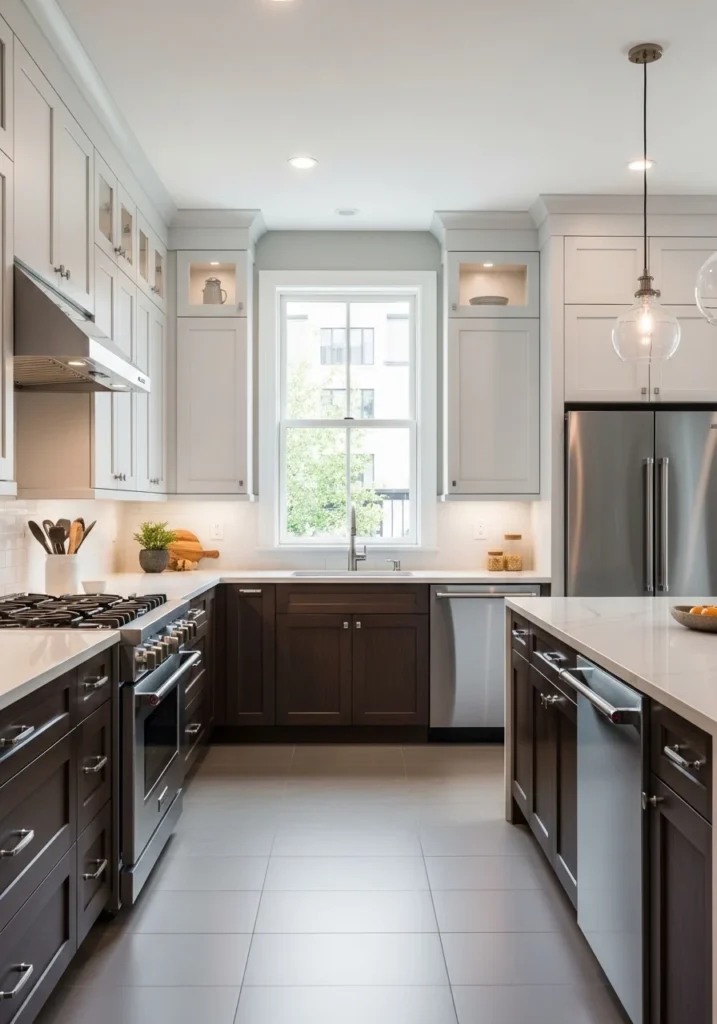 Two-tone kitchen cabinets with contrasting upper and lower colors.