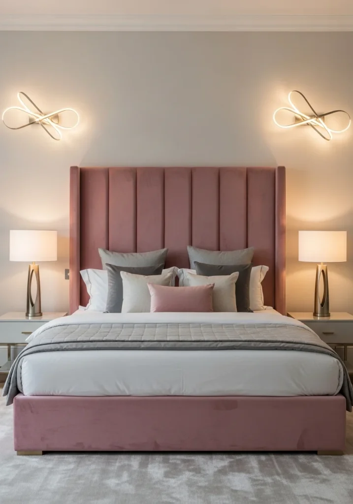 Elegant bedroom with a plush velvet pink headboard and neutral bedding
