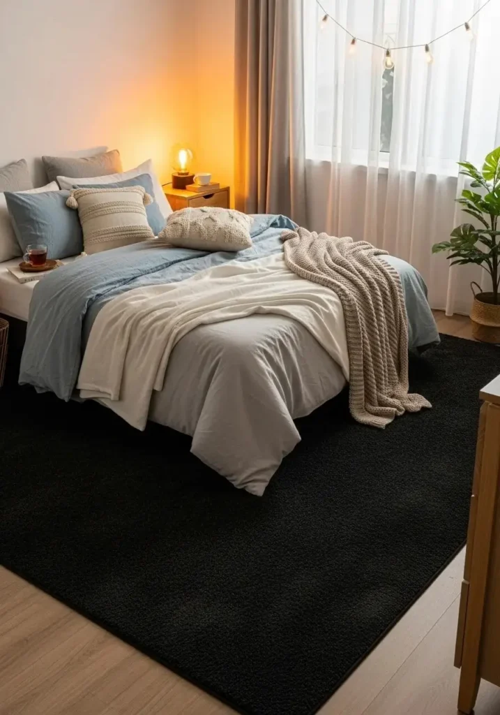 dark area rug bedroom cozy moody design