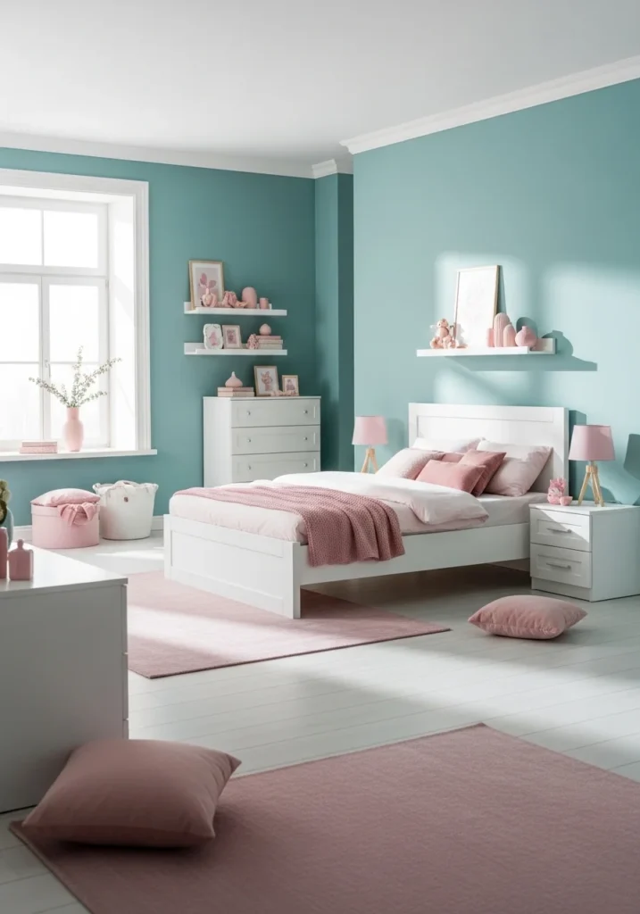 Pastel teal and dusty pink bedroom