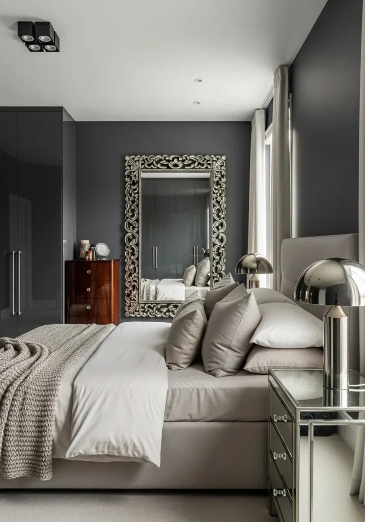 Dark gray bedroom with mirrors reflecting light.