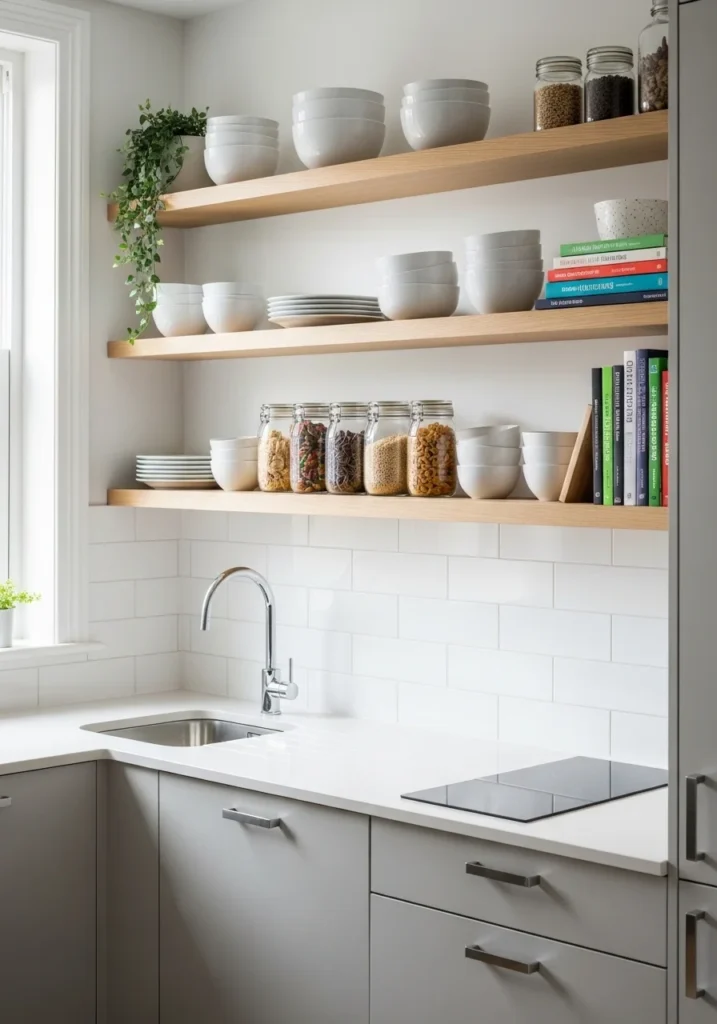 Open shelving in a small kitchen creates airy storage and displays dishes and decor beautifully.