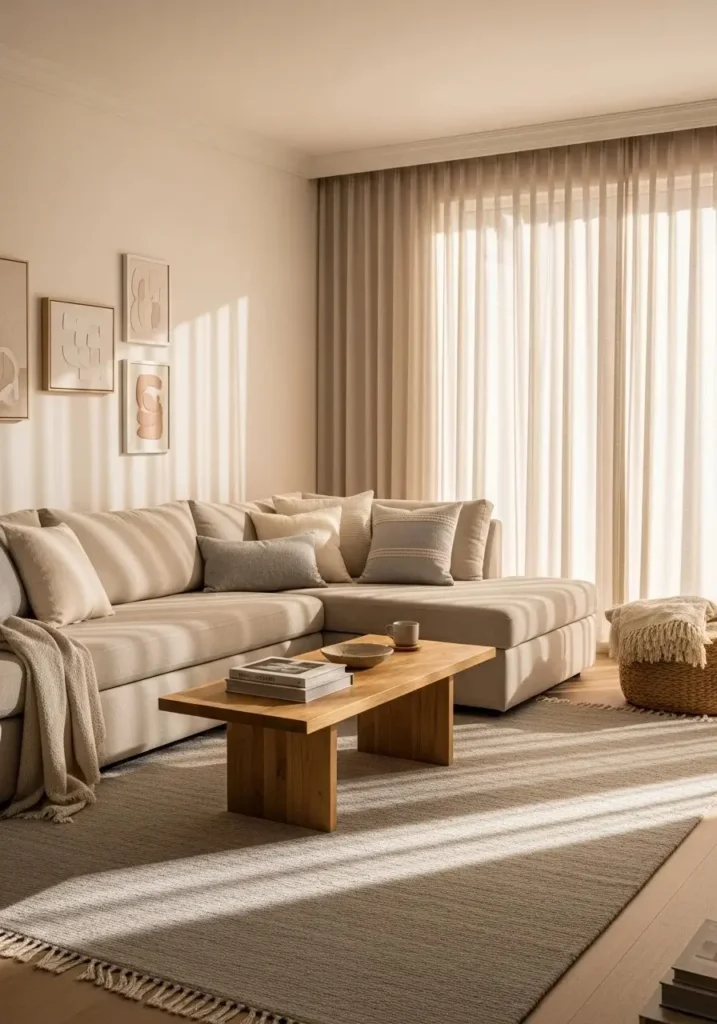 Floor-to-ceiling curtains in living room adding height and softening natural light.