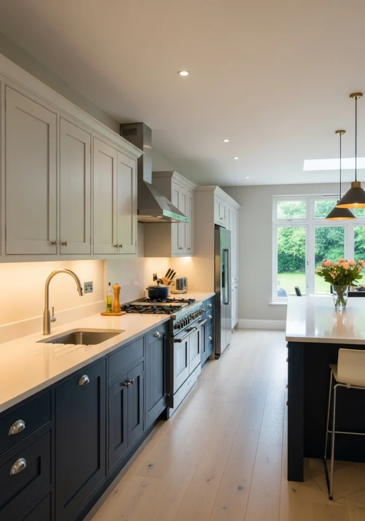 Long kitchen with bold navy lower cabinets breaking up the linear layout.