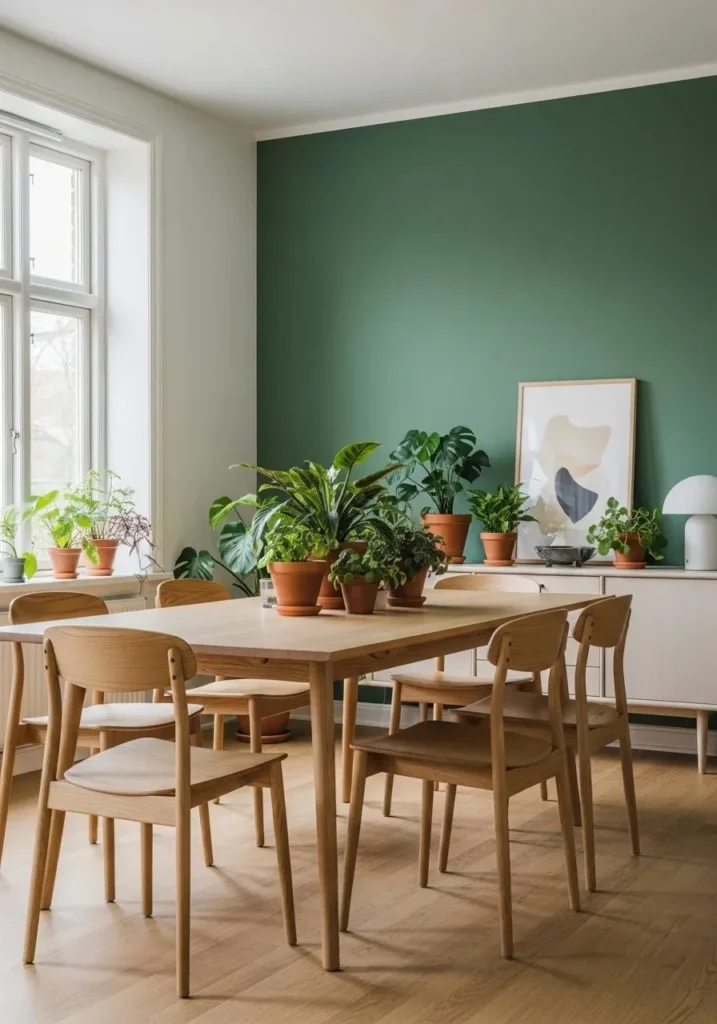green and natural wood dining room design with cozy decor