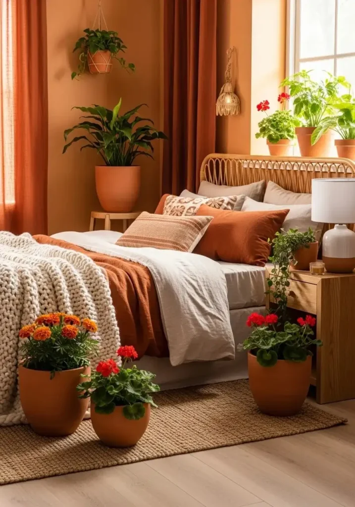 Bedroom featuring terracotta planters with greenery adding earthy warmth.