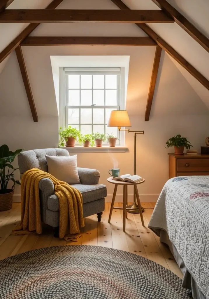 Attic bedroom reading corner by window