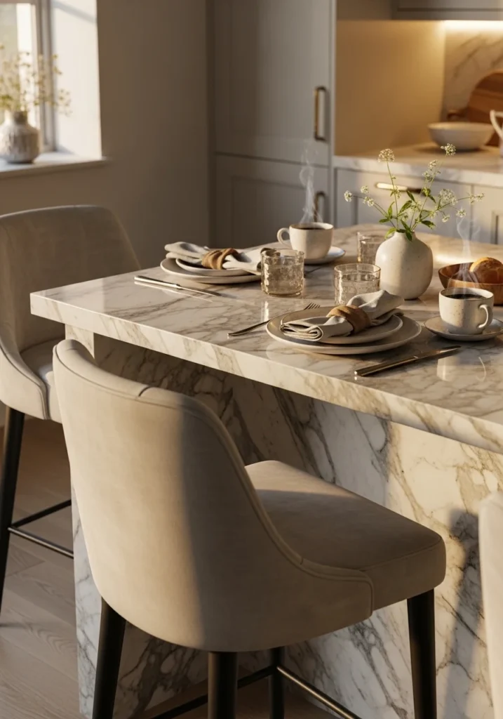 Upholstered velvet bar stools at a kitchen island providing comfort and style.
