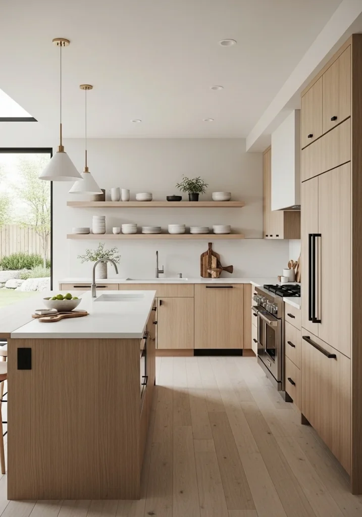 Japandi kitchen with hidden appliances for a sleek and seamless appearance.